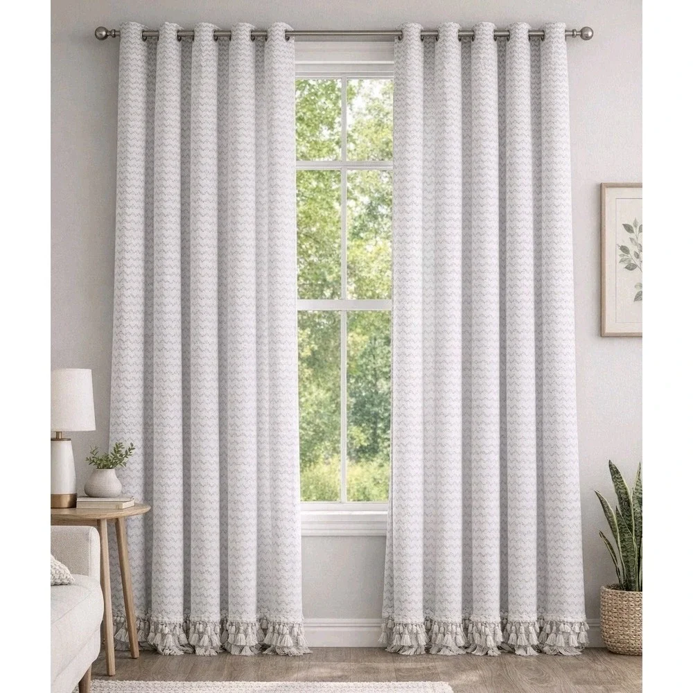 World Market‎ Curtain Panels /w Ties Crinkle Pattern Tassles Ivory (4) 40